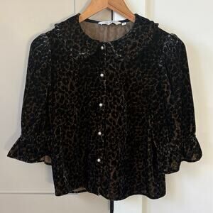 & Other Stories Velvet Puff Sleeve Top Peter Pan collar animal print size 6